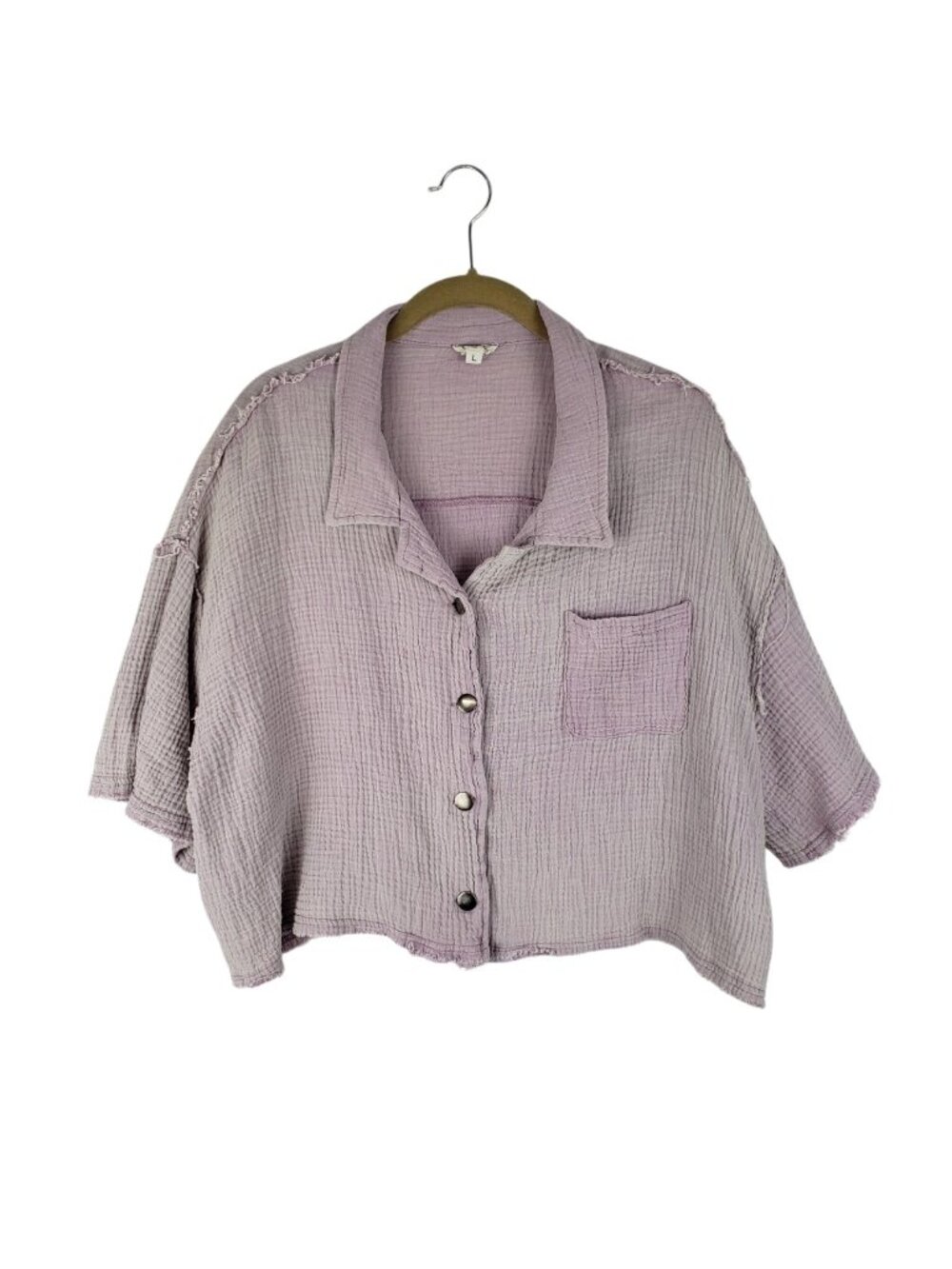 POL Double Gauze Cropped Button Up Short Sleeve Shirt Boxy Purple Womens Large